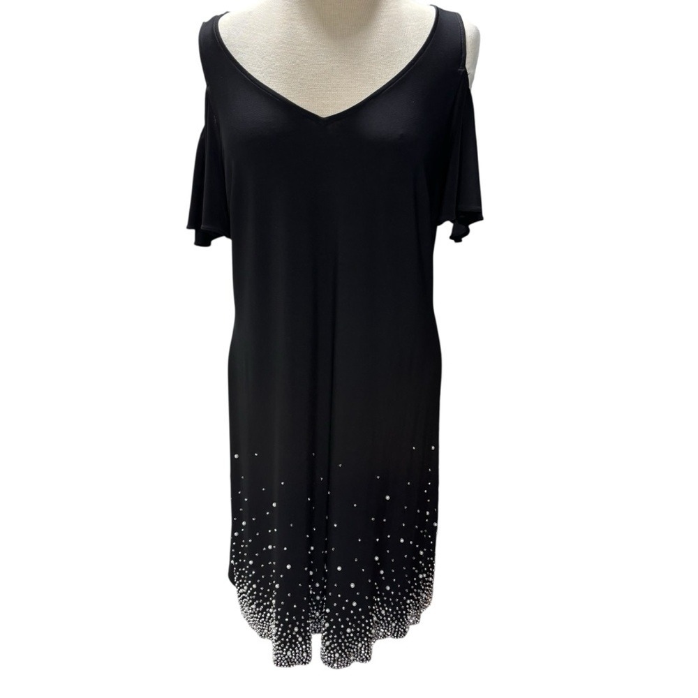 Black Cold Shoulder V-Neck Pearl Stud Embellished Shift Cocktail Dress  Leg #304